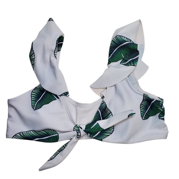 Shein Girl's White Green Tropical Ruffle Sleeve Knot Front Bikini Top 140‎ / M - Picture 1 of 3